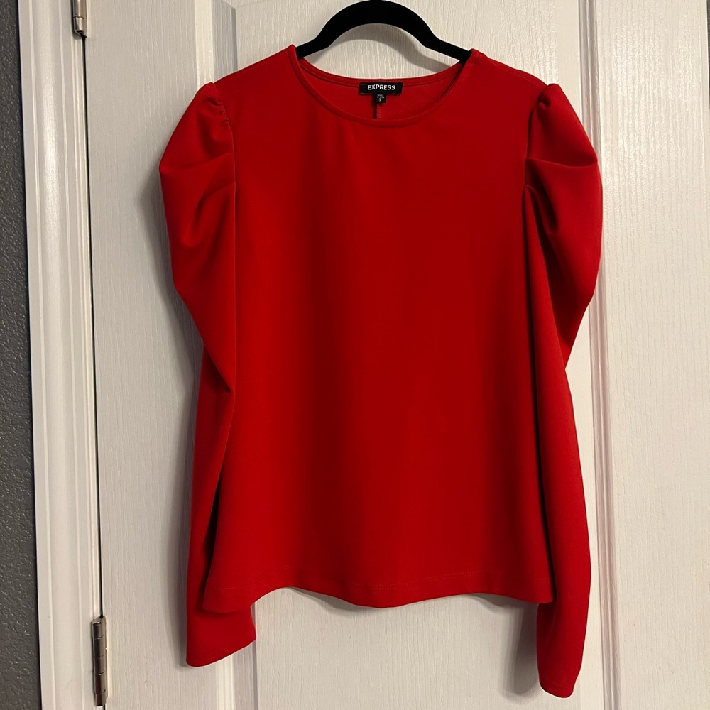EXPRESS Crew Neck Puff Long Sleeve Tee SMALL Lipstick Red Blouse Top - Picture 7 of 13